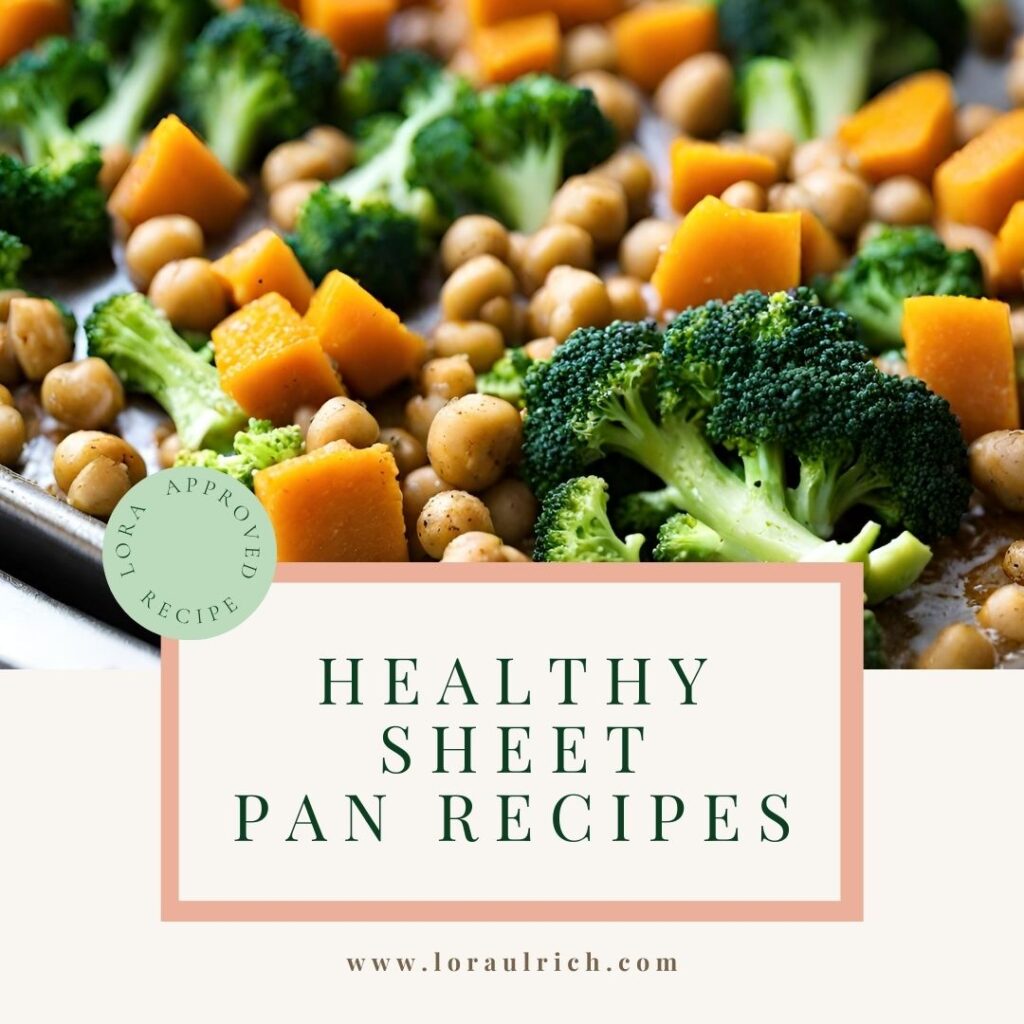 healthy sheet pan recipe with broccoli, chickpeas, and butternut squash as a suggested meal for The Perfect Plate Formula