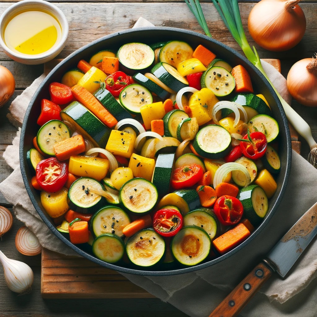A vibrant and colorful No Nightshade Ratatouille dish, featuring a rustic presentation of sliced zucchini, squash, carrots, and onions, beautifully arranged and served in a ceramic dish, highlighting the freshness and appeal of a homemade, nightshade-free meal.