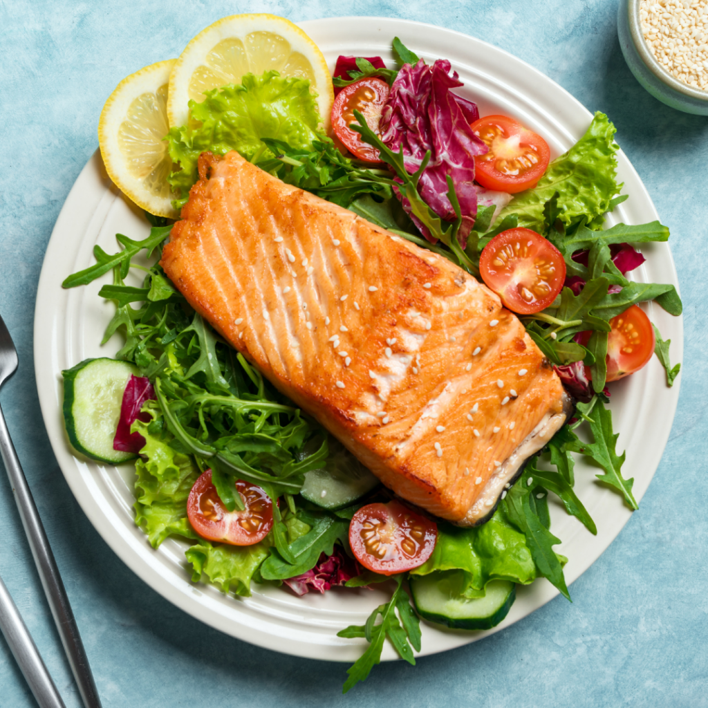 Delicious marinated salmon meal designed to support menopause wellness