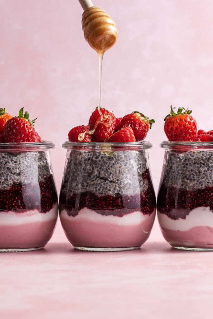 photo of chia seeding pudding with mixed berries