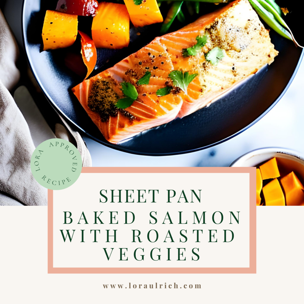 Photo of sheet pan baked salmon with roasted veggies 