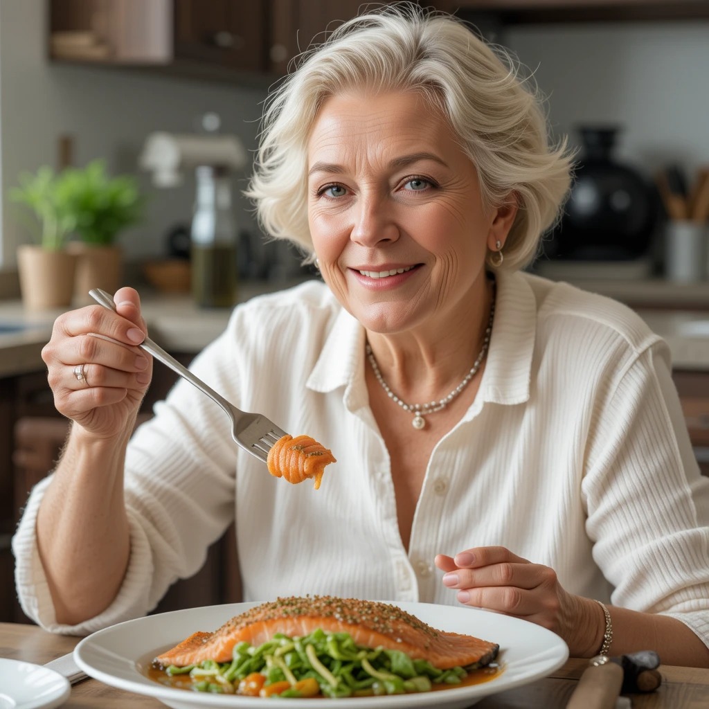 woman eating easy baked salmon dish