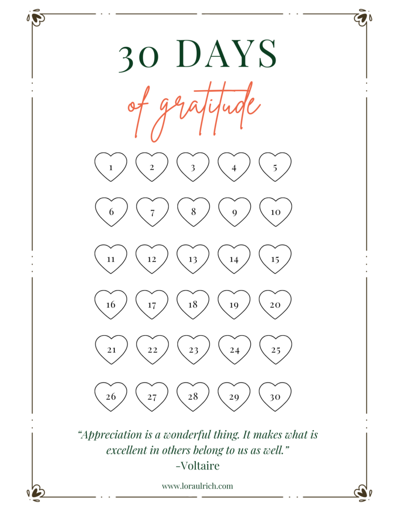 a habit tracker to use for 30 days to encourage the practice of daily gratitude as part of 15 ways to express gratitude that aren't journaling
