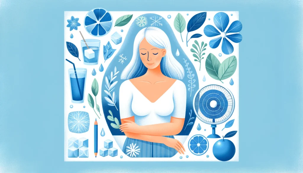 An illustration featuring a serene woman surrounded by cooling elements like ice cubes, a glass of water, fan, and flora in a soothing palette of blues and whites, possibly symbolizing relief from hot flashes with an underlying theme of 'Does Collagen Help With Hot Flashes'