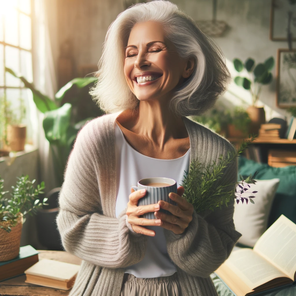 Happy older woman in her kitchen for Does Collagen Help With Hot Flashes article.