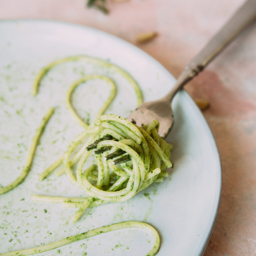 last bite of pesto zucchini pasta