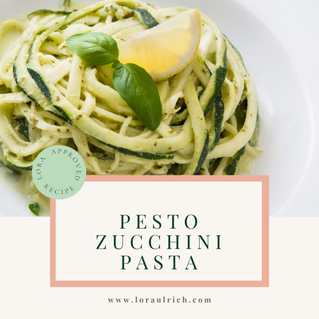 a plate of pesto zucchini pasta