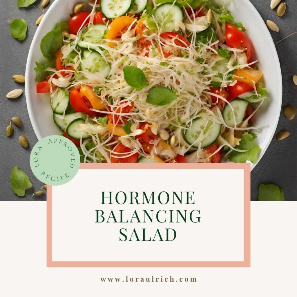 Fresh salad bowl with colorful vegetables, sprouts, and seeds arranged on a surface.