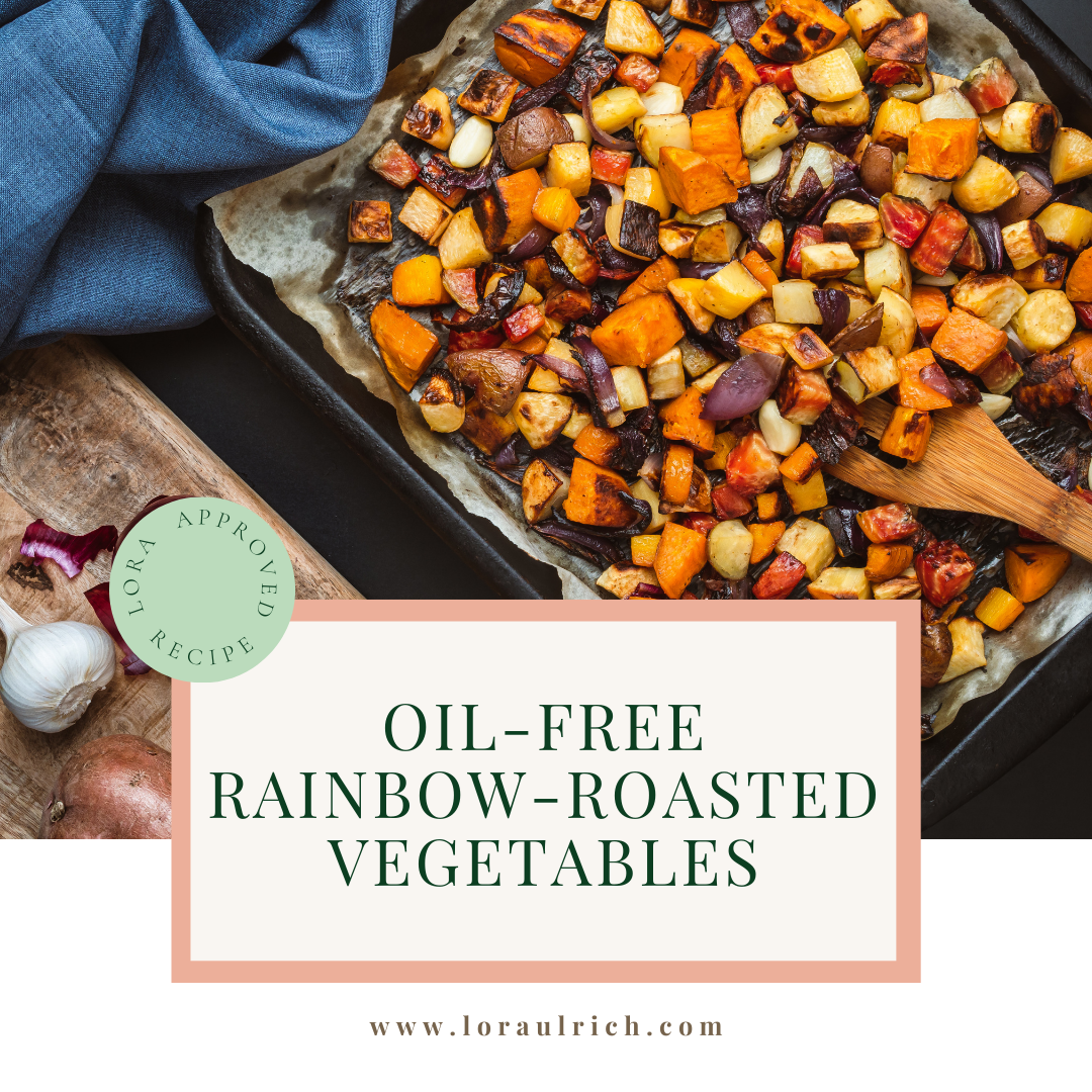 a pan of oil-free rainbow-roasted vegetables