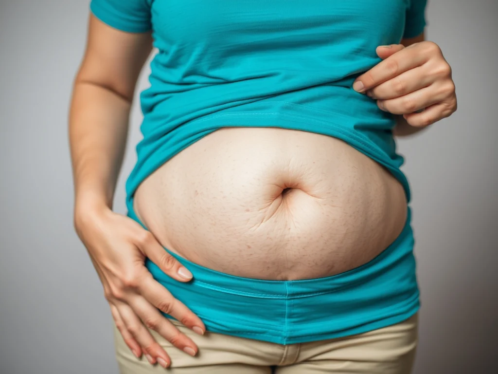 Close-up of a woman lifting her teal shirt to reveal her stubborn belly fat.