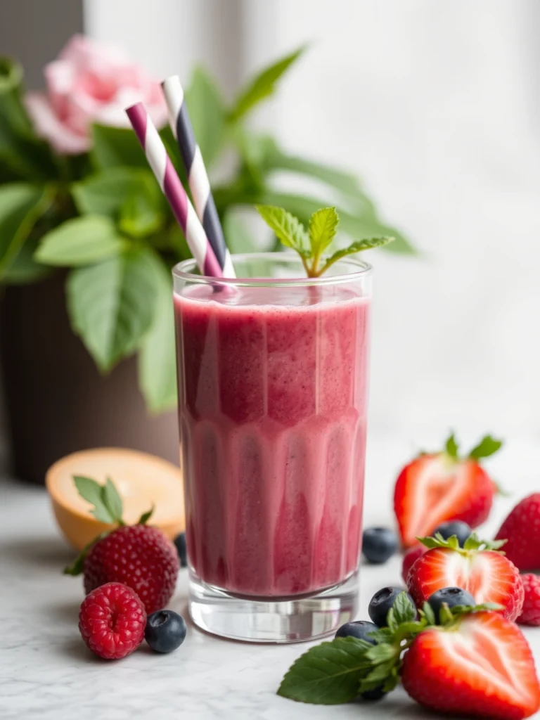 Berry smoothie in a clear glass with eco-friendly straws, surrounded by fresh strawberries, raspberries, and blueberries