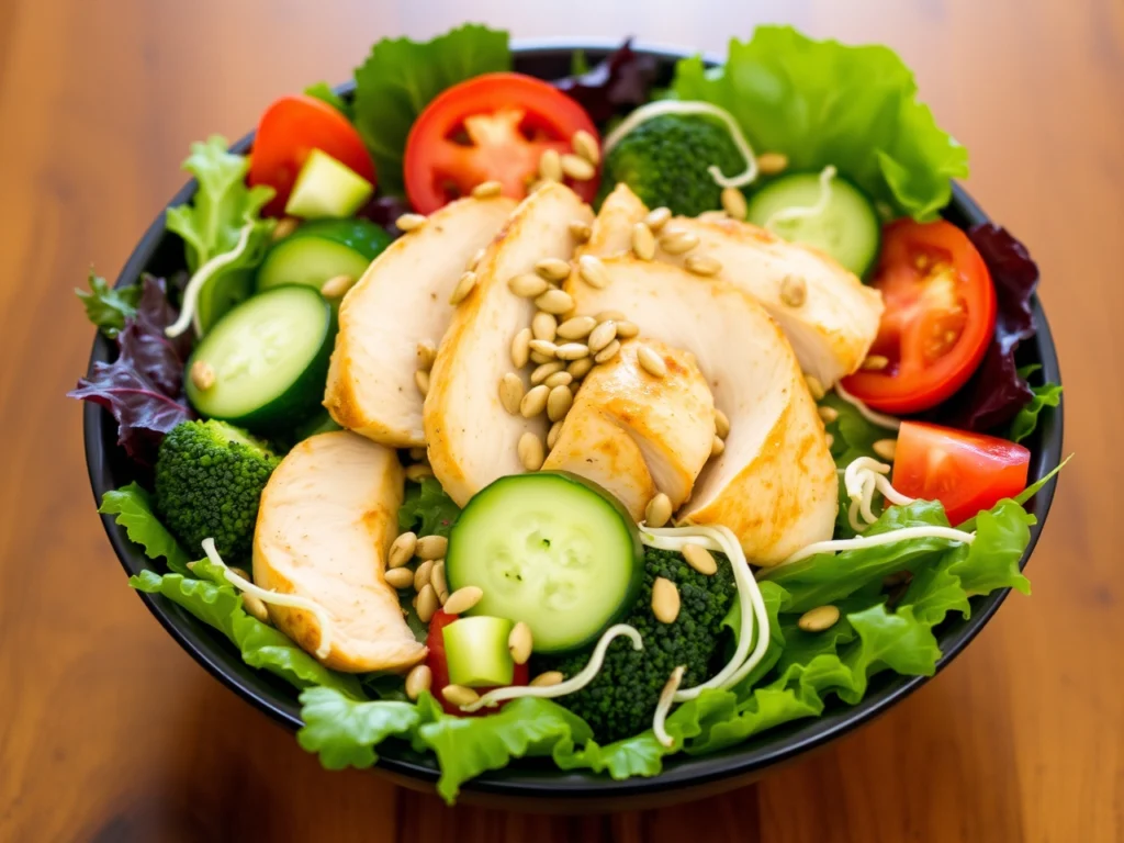 Vibrant chicken detox salad with sliced cucumber, broccoli, tomatoes, mixed greens, and a sprinkle of sunflower seeds, served in a black bowl.