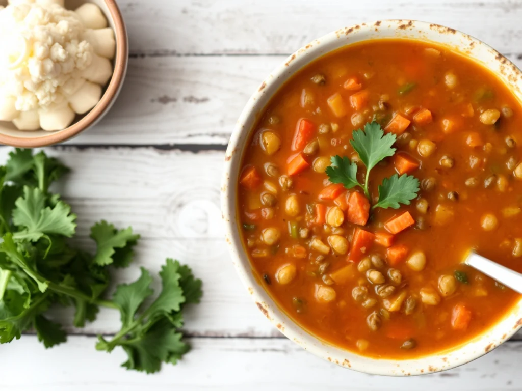 Wholesome lentil soup garnished with fresh cilantro, featuring a mix of carrots and other vegetables, served in a rustic bowl on a wooden table