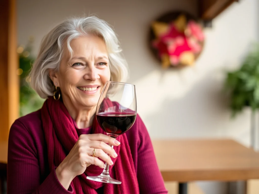 Smiling mature woman with silver hair enjoying a glass of red wine