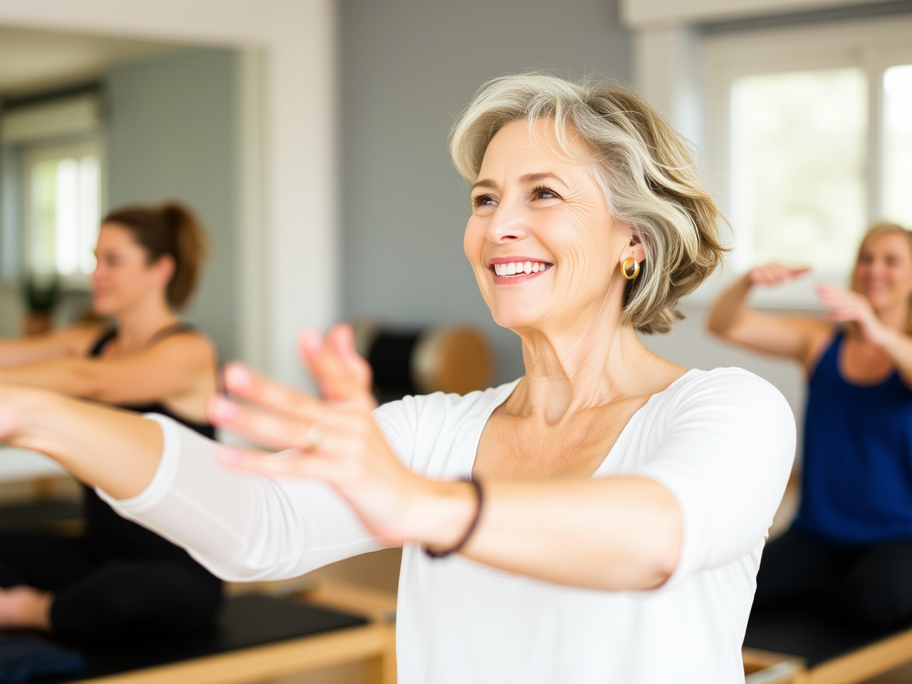 Energetic older woman with silver hair leading a pilates class