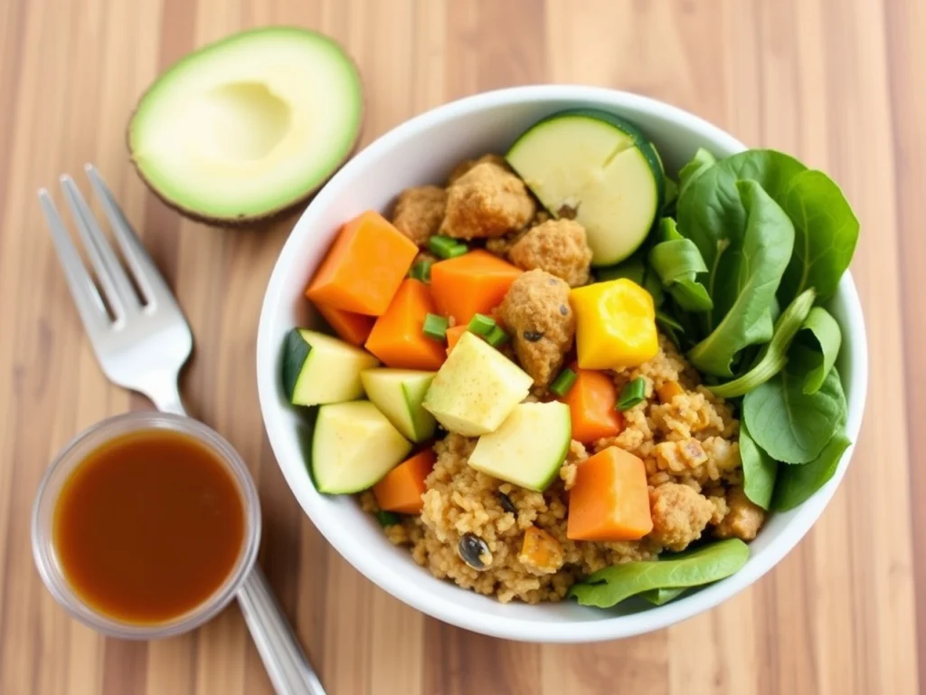 Nutritious turkey quinoa bowl featuring diced avocado, carrots, zucchini, and spinach, served with a side of dressing