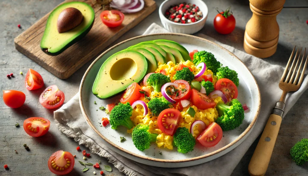 Colorful plate of broccoli egg scramble adorned with slices of avocado, cherry tomatoes, and red onion, set on a rustic table