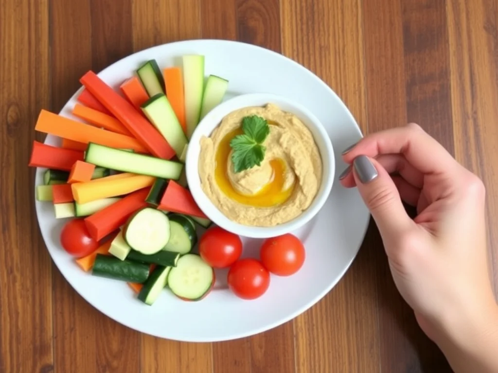 A vibrant snack platter featuring colorful sticks of carrot, cucumber, and zucchini, cherry tomatoes, and a bowl of creamy hummus