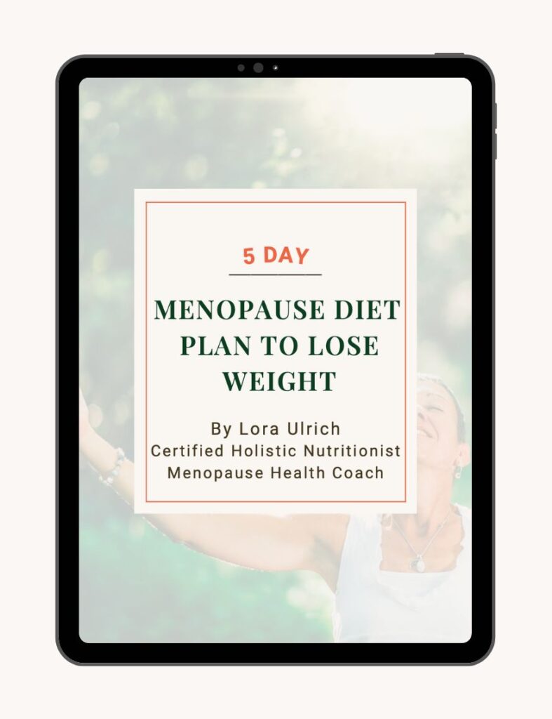 E-book cover on a tablet screen for '5 Day Menopause Diet Plan to Lose Weight' by Lora Ulrich