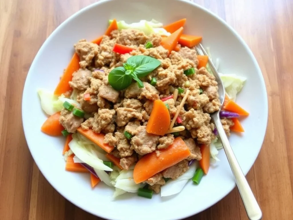 Healthy turkey and cabbage stir-fry served with crisp carrots and garnished with fresh basil.