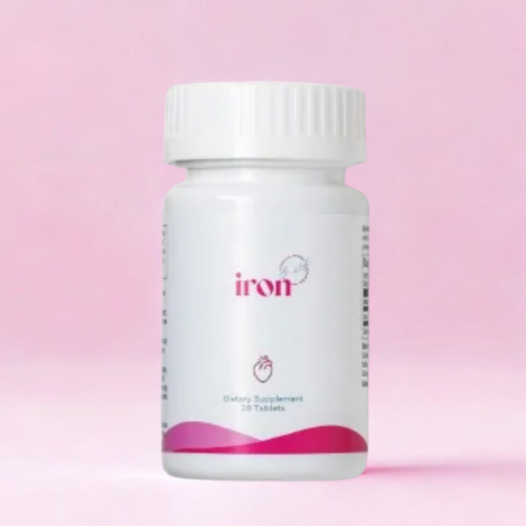 White iron supplement bottle on a pink background, used to support low iron stores and manage hot flashes in menopause.