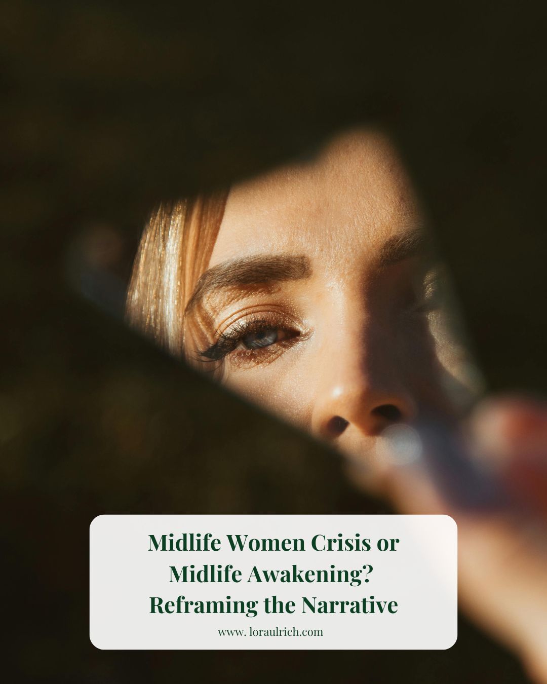 A woman holding a broken mirror, gazing at her fragmented reflection, symbolizing the identity shifts of the midlife women crisis