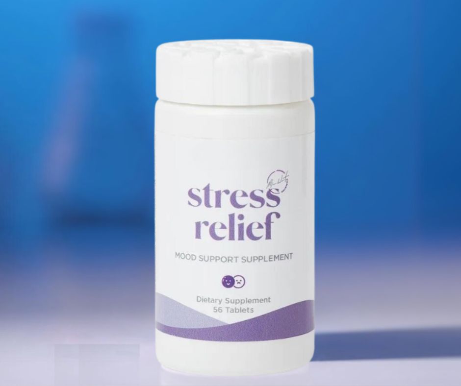 Photo of Stress Relief Peri Menopause supplement, featuring Ashwagandha, lemon balm extract, and saffron extract, highlighted in Top-Rated Supplements for Menopause Support