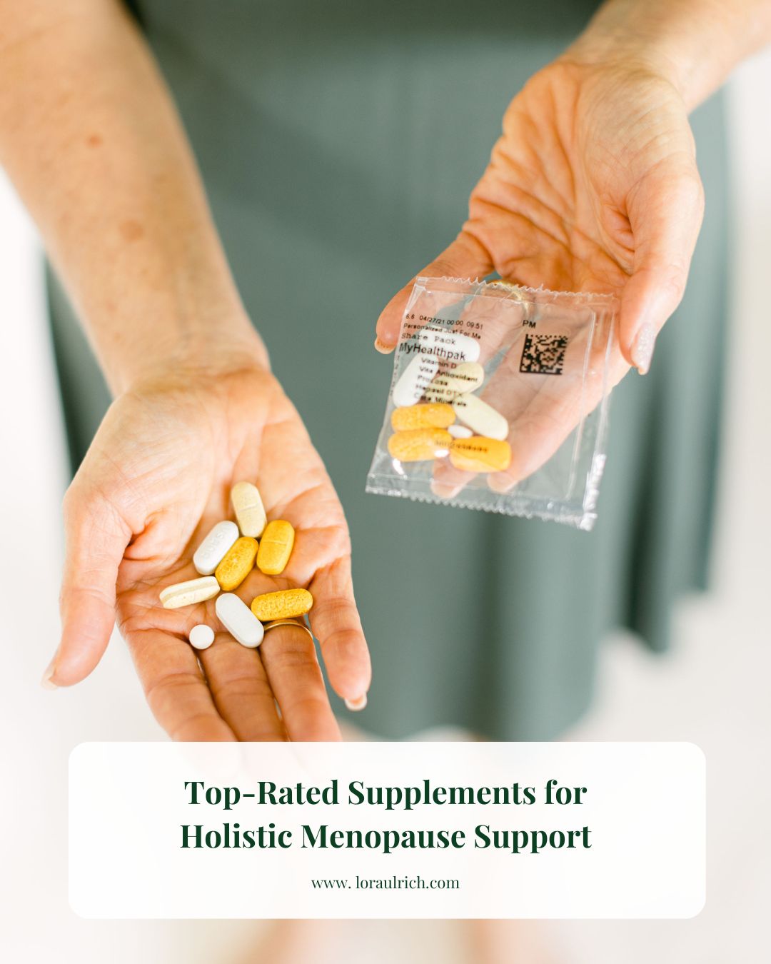 Lora Ulrich, menopause health coach, holding top-rated supplements for Holistic Menopause Support