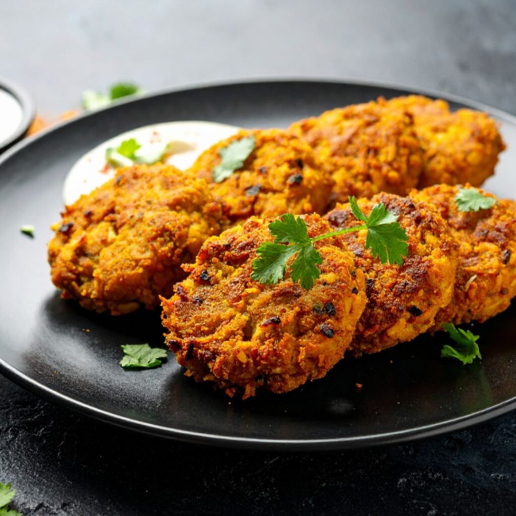 Golden-brown chickpea sweet potato patties, lightly crisped and stacked.