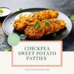 Golden-brown chickpea sweet potato patties, lightly crisped and stacked.