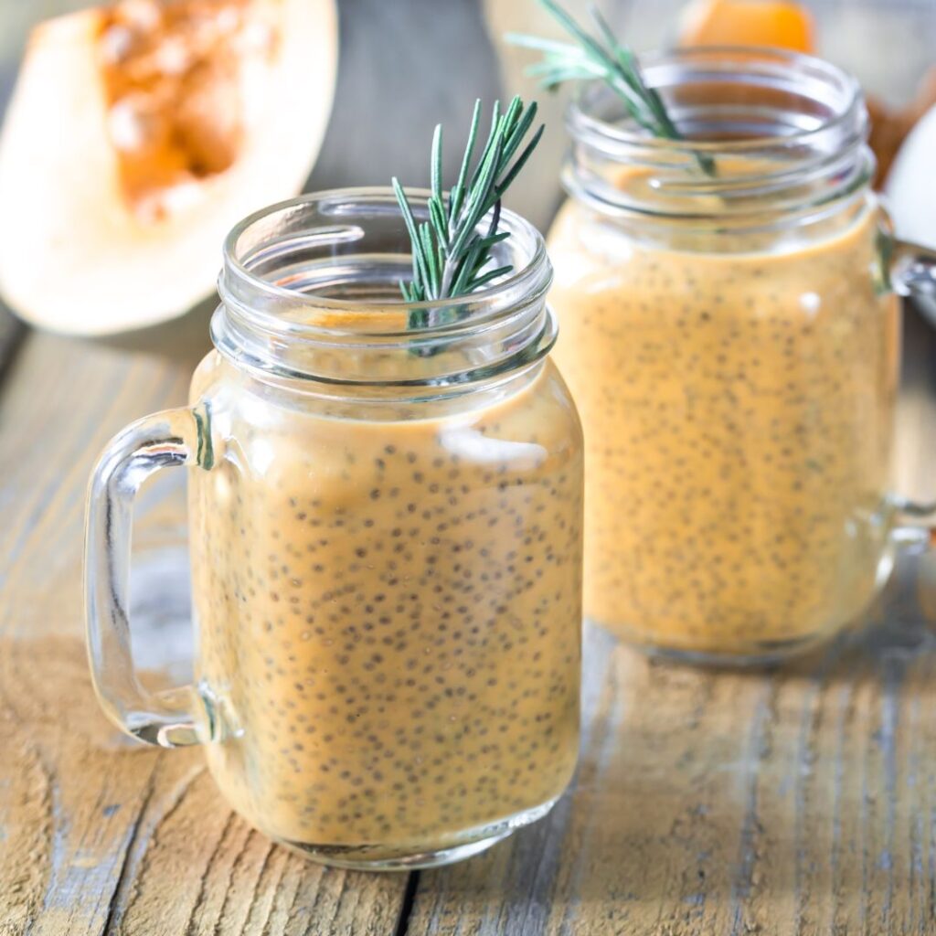 Glass jar of pumpkin spice chia pudding.