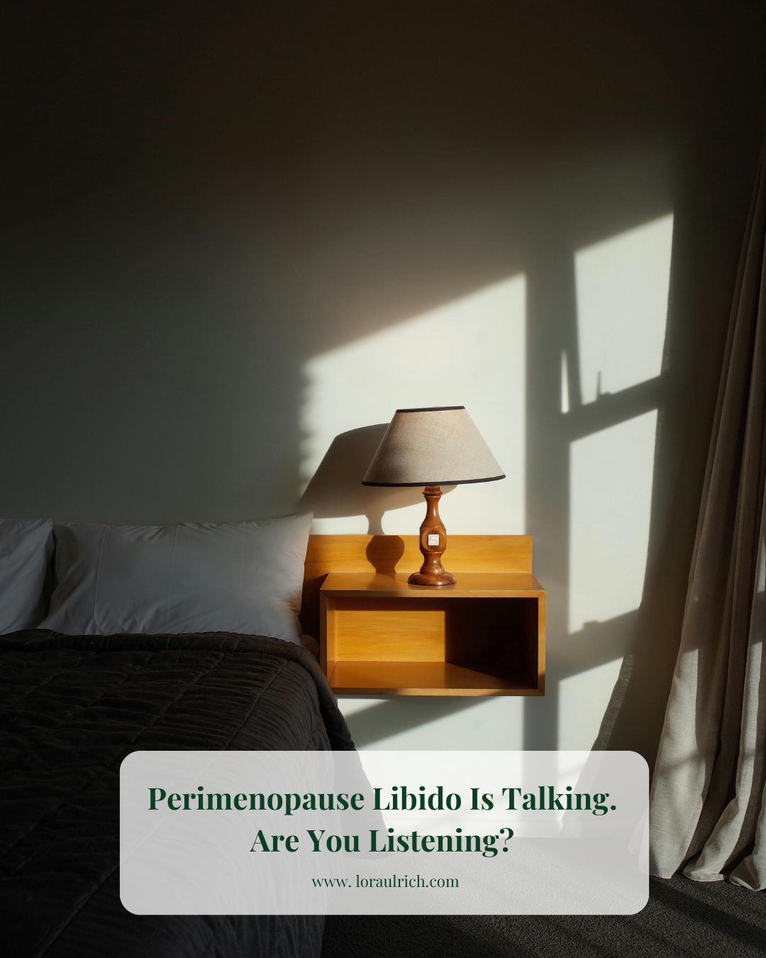 Softly lit bedroom with natural textures, signaling rest, safety, and midlife reconnection.