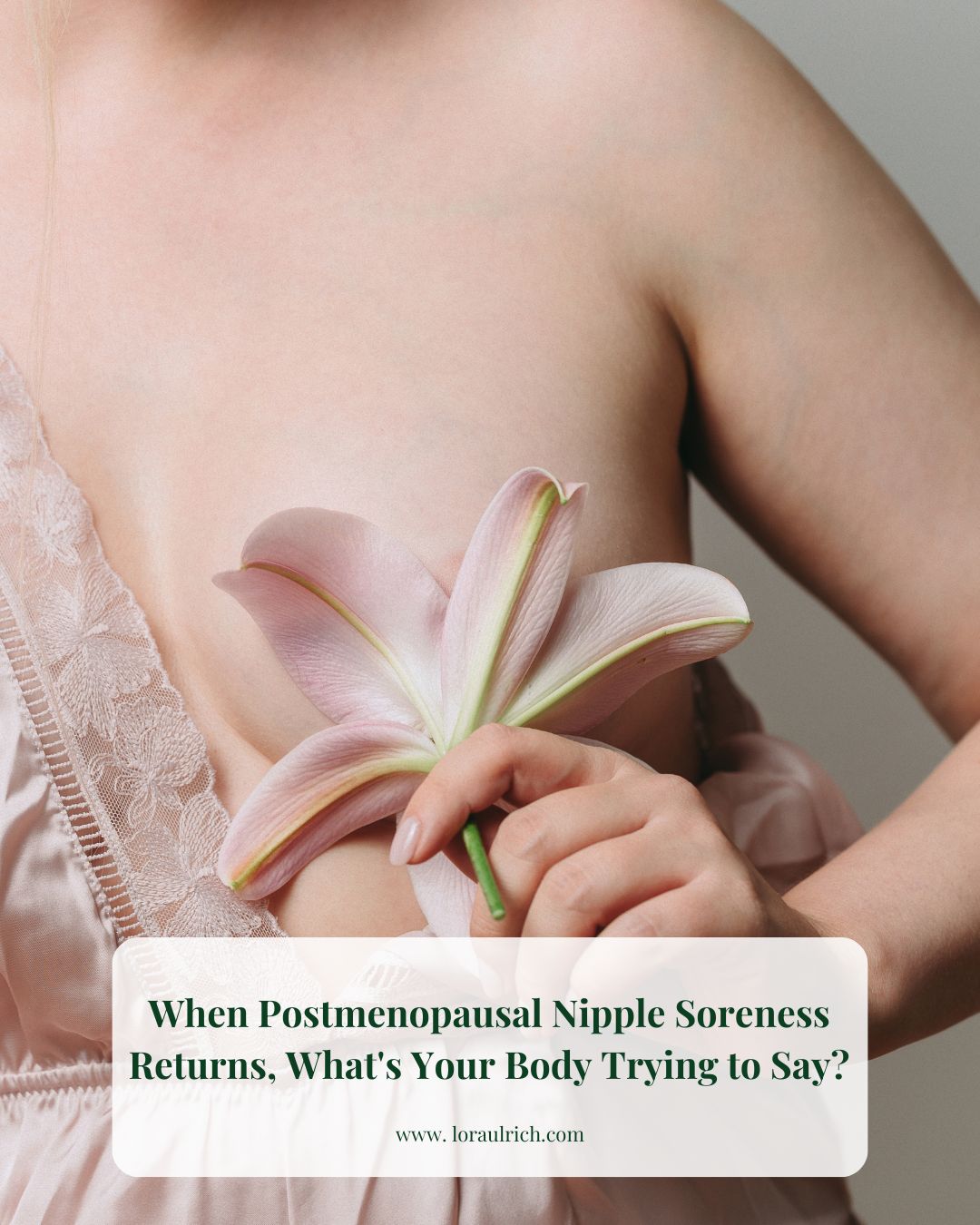 Woman gently revealing one side of her breast, partially covered by a flower, symbolizing tenderness, protection, and postmenopausal body awareness.
