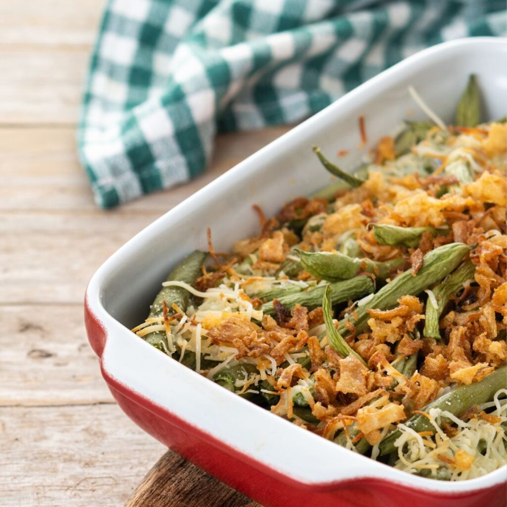 Creamy cashew green bean casserole, dairy-free and festive. Perfect plant-based recipe for holiday tables.