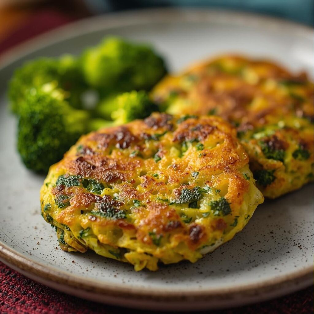 Golden-baked broccoli fritters on a plate, crisp on the edges, tender inside, and speckled with green broccoli and herbs.
