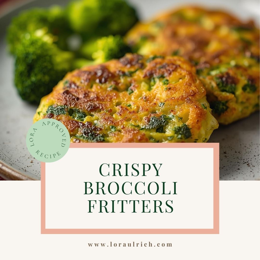 Golden-baked broccoli fritters on a plate, crisp on the edges, tender inside, and speckled with green broccoli and herbs.