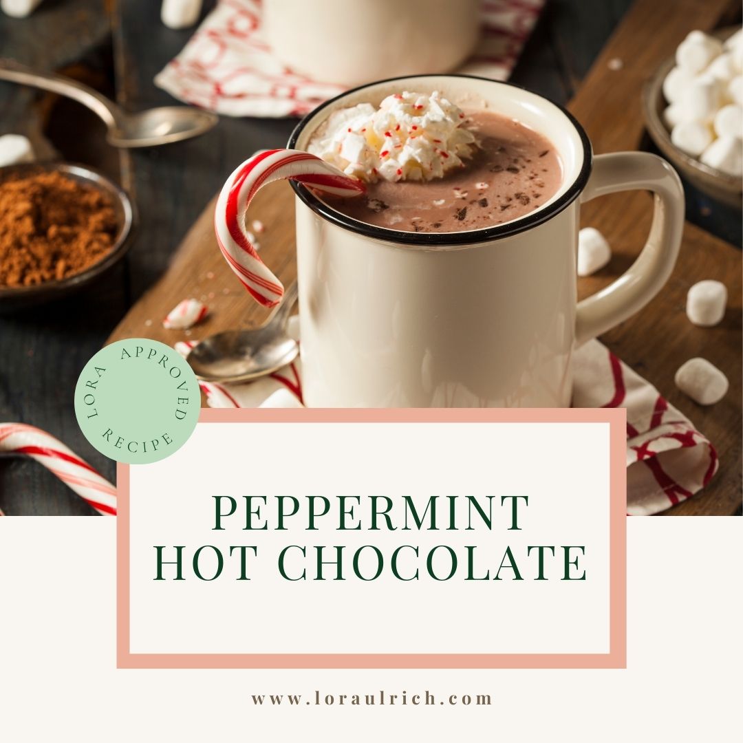 Peppermint hot chocolate in a mug made with dairy-free, hormone-friendly ingredients.