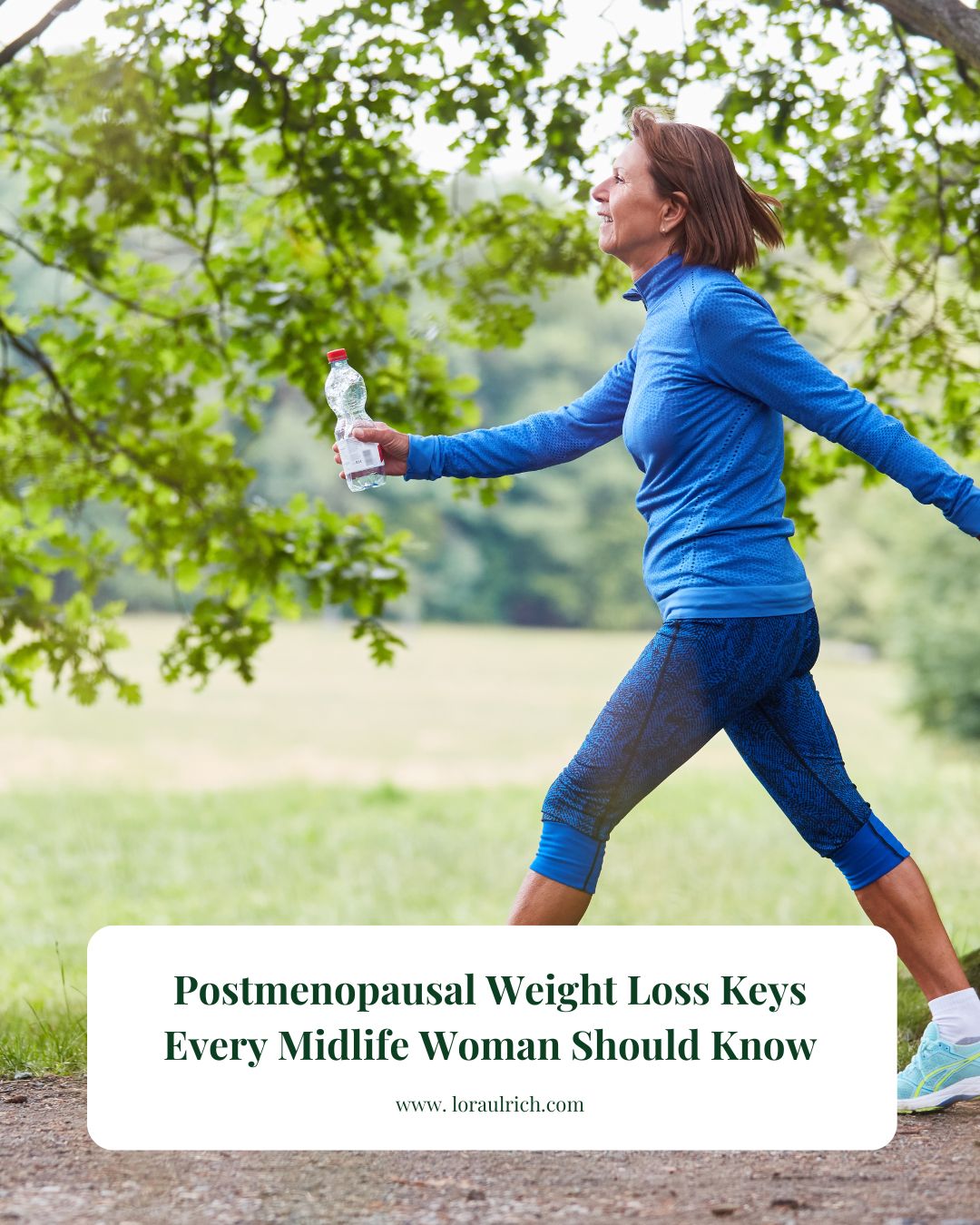 Smiling woman in midlife enjoying a walk in nature, representing vitality and postmenopausal weight loss journey.