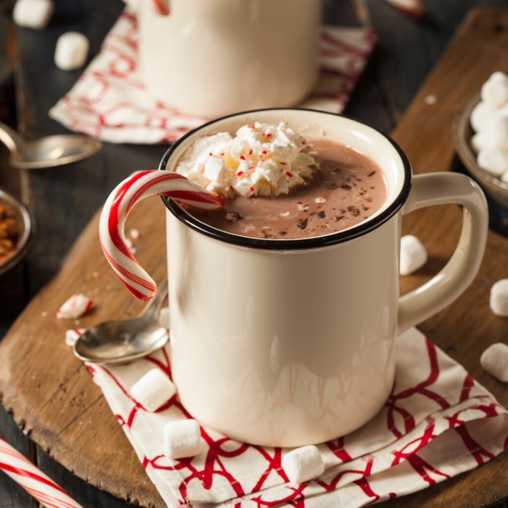 Peppermint hot chocolate in a mug made with dairy-free, hormone-friendly ingredients.