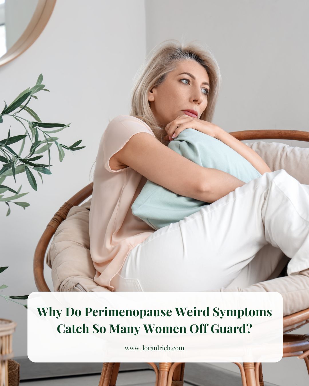 A midlife woman sitting quietly, looking thoughtful and wondering about perimenopause weird symptoms.