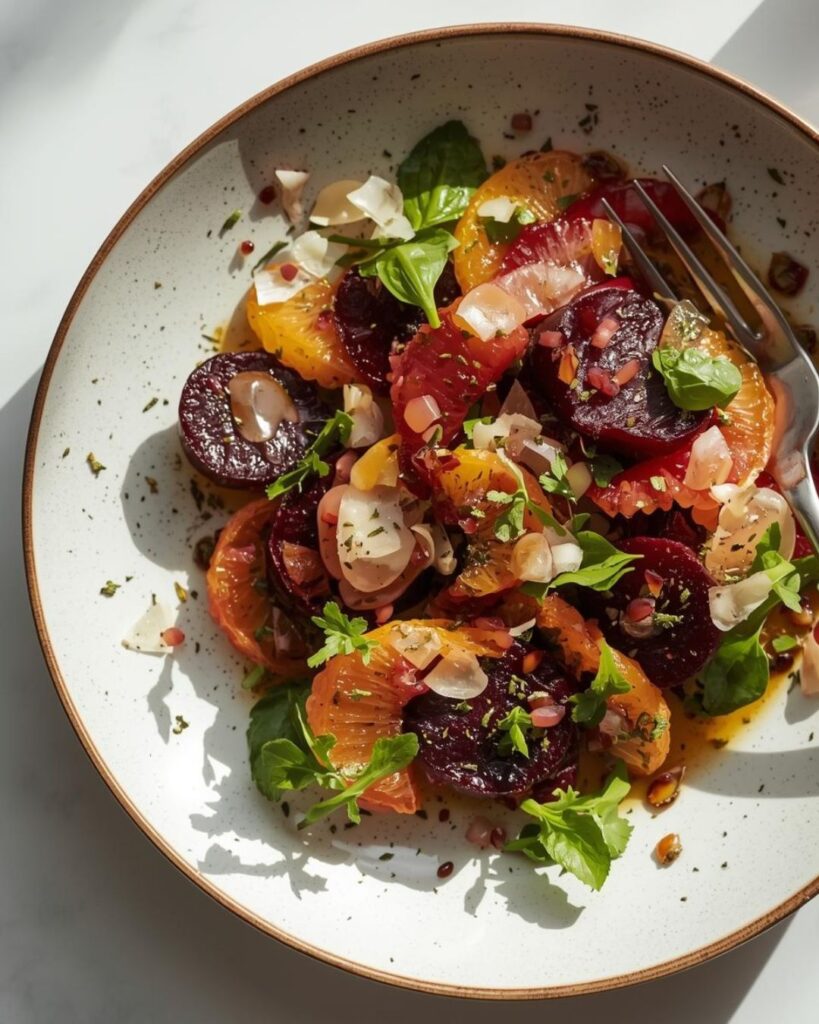 Colorful beet salad with citrus segments, leafy greens, and walnuts drizzled with light vinaigrette.