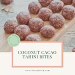 Coconut balls recipe with cacao and tahini, with a rustic, textured surface showing flecks of coconut.