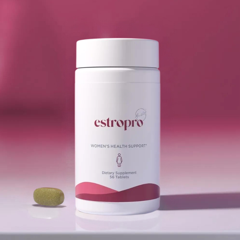 Bottle of EstroPro supplement supporting hormone balance, stress resilience, bone health, and midlife wellness.