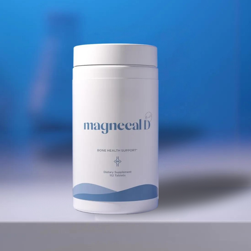 MagneCal D supplement bottle, a magnesium and calcium blend for supporting bone health and relieving perimenopause shoulder pain.