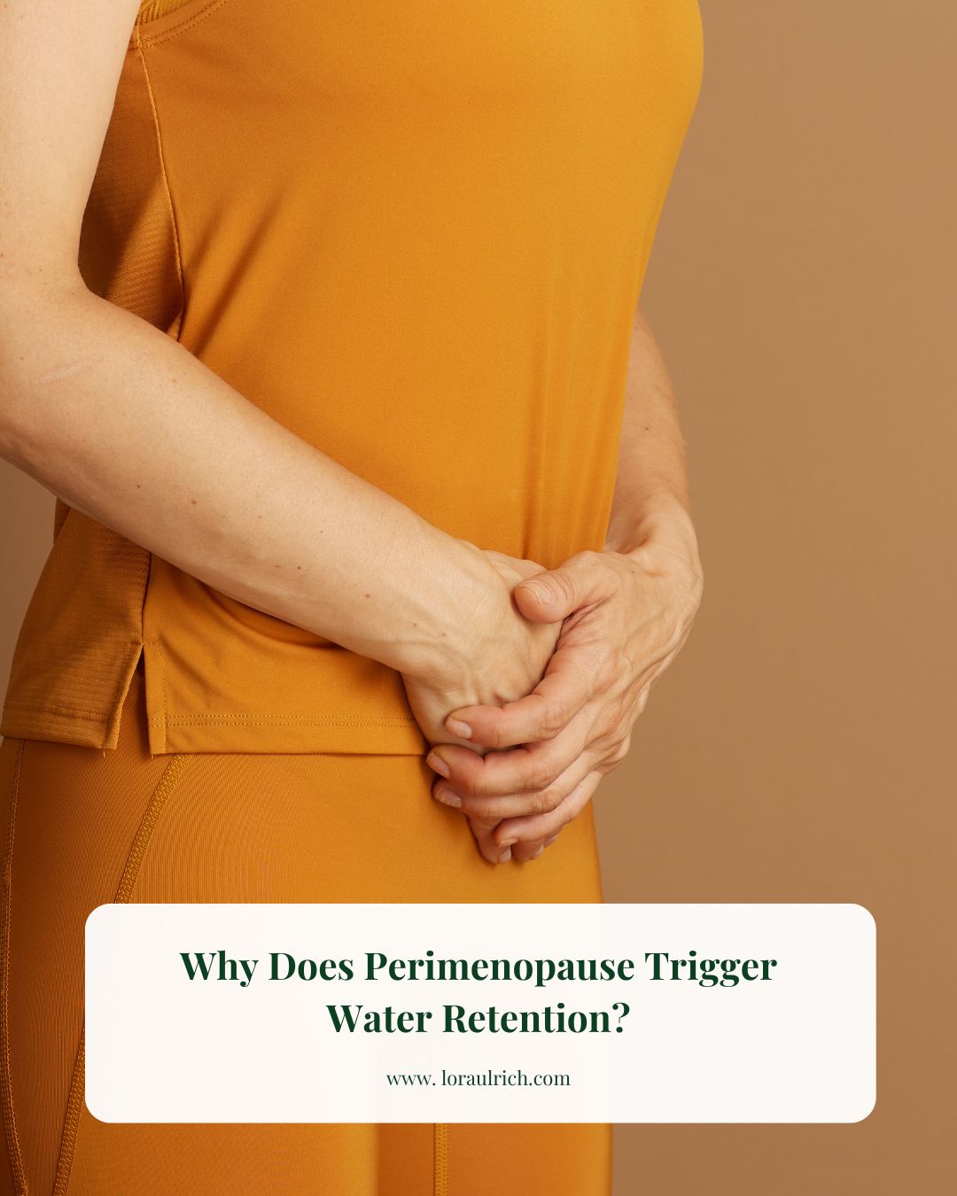 A woman experiencing perimenopause water retention and abdominal bloating, seeking holistic metabolism support.