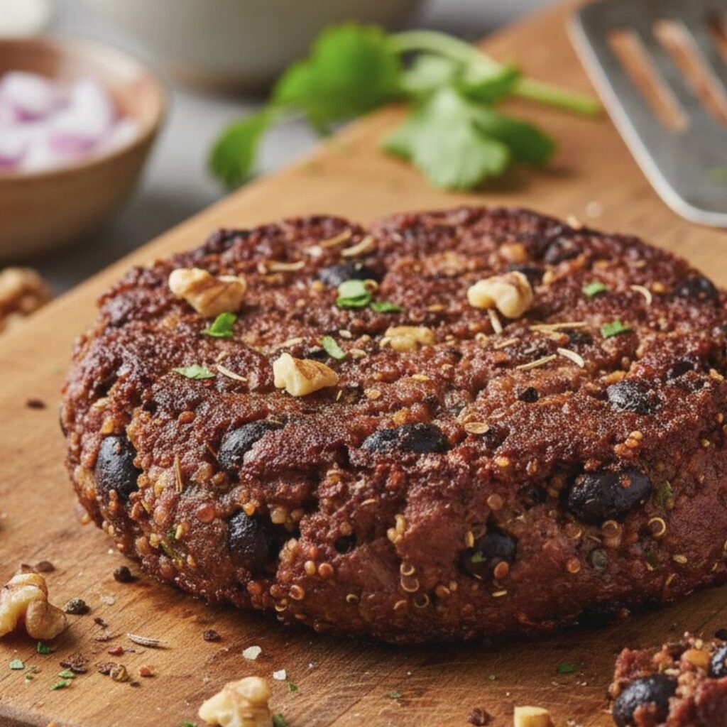 Cooked black bean burger patty with real ingredients high in protein