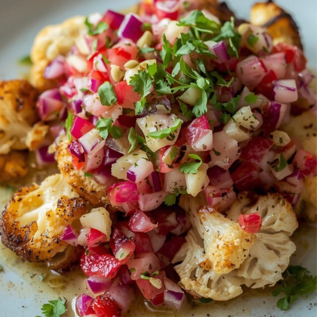 A plate of golden-brown roasted cauliflower slices topped with vibrant radicchio, red onion, and fresh parsley salsa.