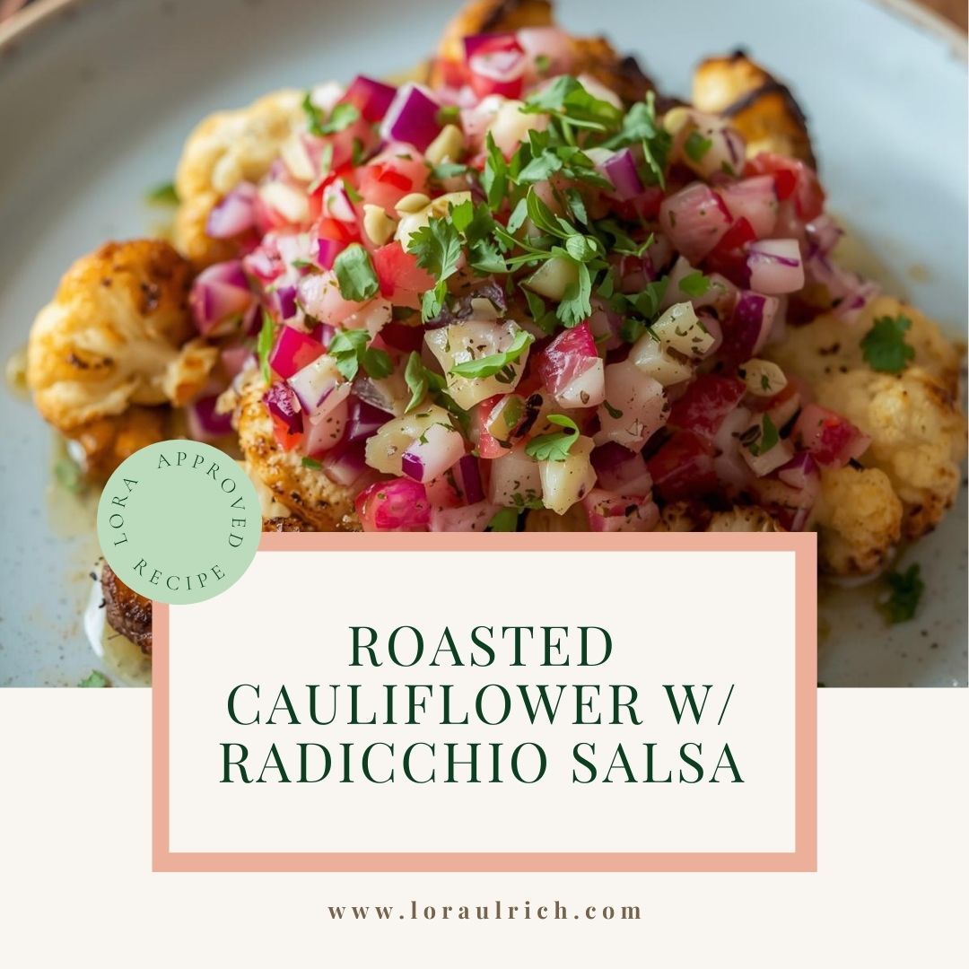 A plate of golden-brown roasted cauliflower slices topped with vibrant radicchio, red onion, and fresh parsley salsa.