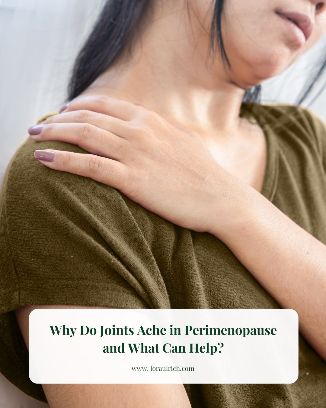 Woman holding shoulder in discomfort, showing perimenopause joints ache and stiffness.