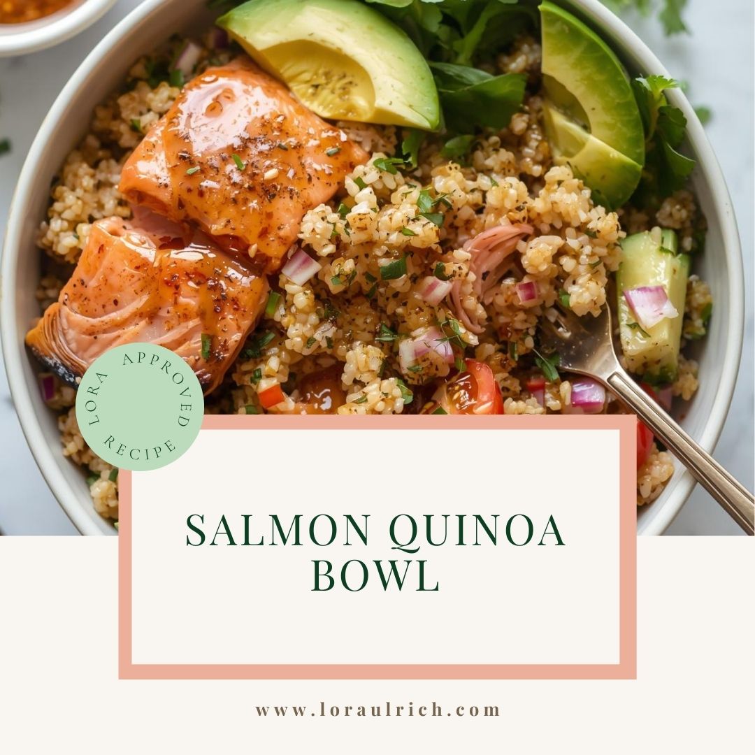 A vibrant salmon quinoa bowl with a seared, glazed salmon fillet, sliced avocado, cherry tomatoes, over a bed of fluffy quinoa for midlife hormone balance.